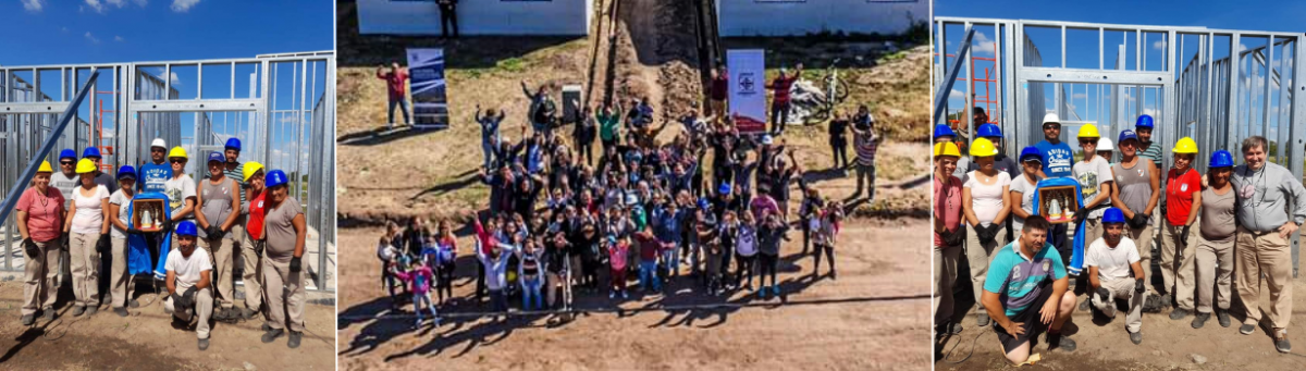 Três fotos das equipes da Argentina construindo casas.